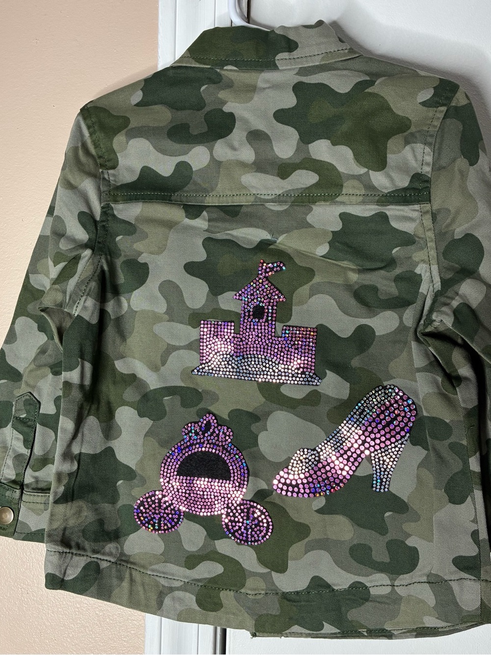 okie dokie Green Camo Jacket with Pink & Purple Rhinestones